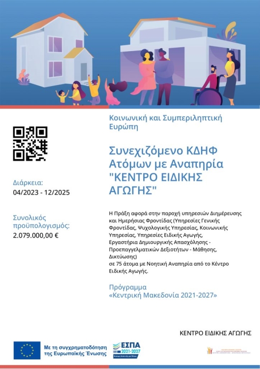 Αφίσα για την πρόσκληση μέσω ΕΣΠΑ για φοίτηση στο ΚΔΗΦ του Κέντρου Ειδικής Αγωγής στη Θεσσαλονίκη.