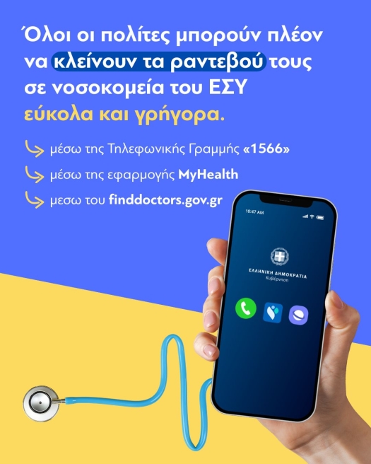 Αφίσα για την υπηρεσία "Ραντεβού με γιατρό ΕΣΥ σε 2 ημέρες μέσω νέου ψηφιακού συστήματος".