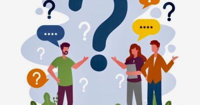 Εικαστικό που δείχνει ανθρώπους που έχουν απορίες, τονίζονται τα σύμβολα των ερωτηματικών και του διαλόγου.