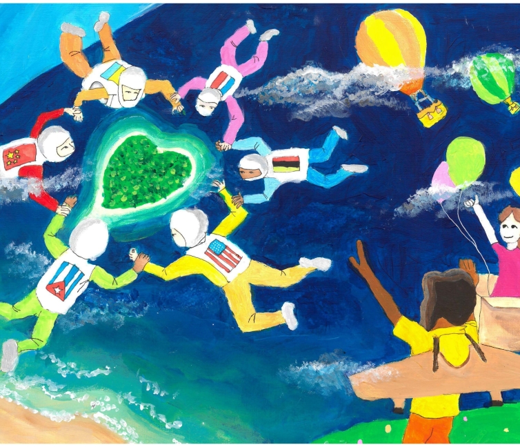 Ζωγραφιά παιδού που απεικονίζει αστροναύτες να φροντίζουν τη Γη.