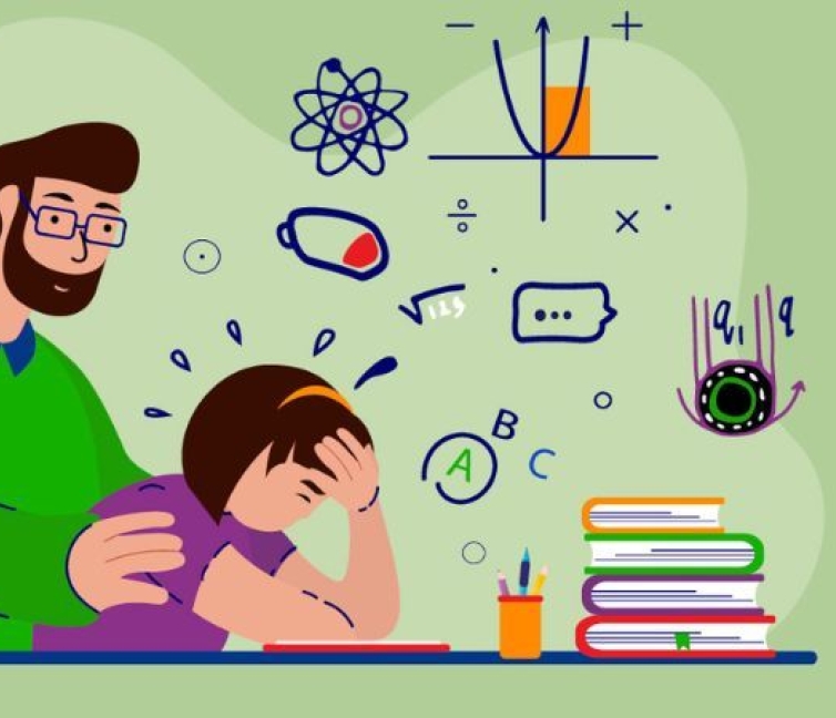 Εικόνα για το άγχος των εξετάσεων που απεικονίζει έναν ενήλικο να ακουμπά υποστηρικτικά σην πλάτη έναν μαθητή που εμφανίζει συμπτώματα άγχους.