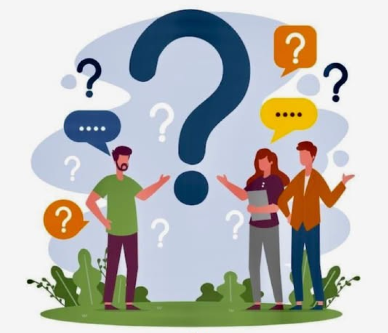 Εικαστικό που δείχνει ανθρώπους που έχουν απορίες, τονίζονται τα σύμβολα των ερωτηματικών και του διαλόγου.