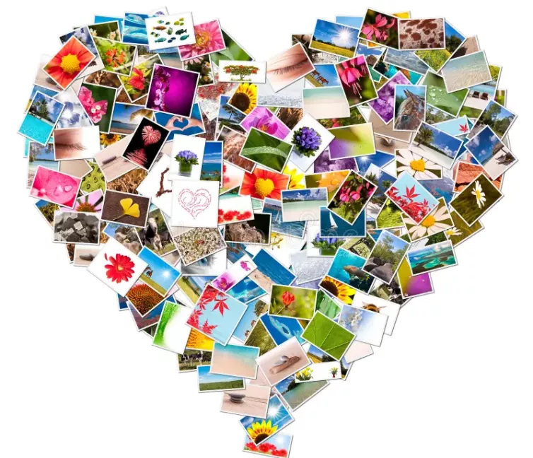Ένα πολύχρωμο κολάζ από δεκάδες μικρές, διάσπαρτες φωτογραφίες που είναι τοποθετημένες έτσι ώστε να σχηματίζουν το σχήμα μιας μεγάλης καρδιάς σε καθαρό λευκό φόντο.